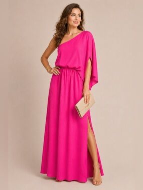 Tyche Hot Pink One Shoulder Maxi Dress Wedding Guest Resort Glam M